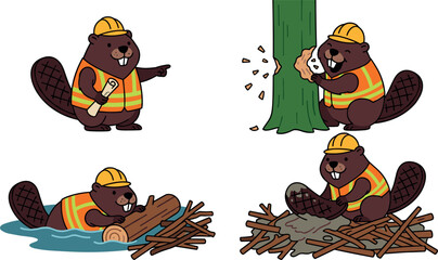 Cute Builder Beaver Cartoon Character Set with Hard Hat and Vest Cutting Trees, Building Dams, and Holding Blueprints for Construction Designs © Najir