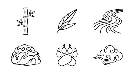 Nature Icons: Bamboo, Leaf, River, Rock, Paw Print, Cloud - Minimalist Line Art © tessa