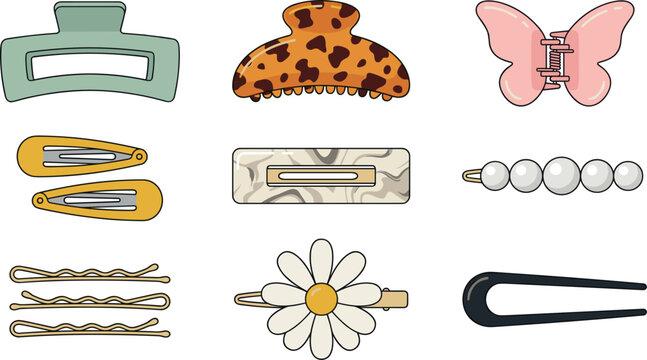 Cute Hair Clips and Accessories Set with Claw Clips, Butterfly Barrettes, Pearl Hairpins, Tortoise Shell Clamps, and Daisy Flower Vector Illustrations