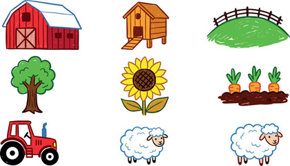 Cute Hand Drawn Farm Vector Set Featuring Red Barn, Chicken Coop, Green Hill Fence, Tree, Sunflower, Carrots Garden, Tractor, and Fluffy Sheep Illustrations © Najir