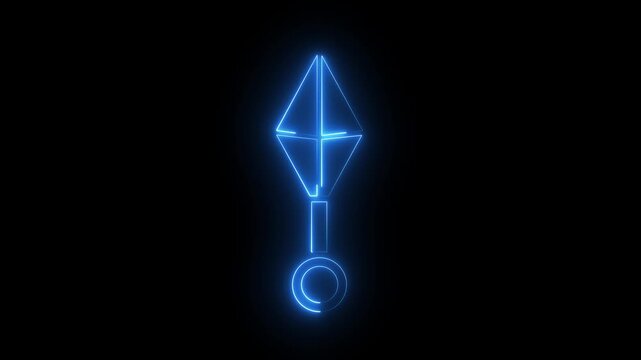 Neon blue kunai dagger glowing animation on black background, ninja