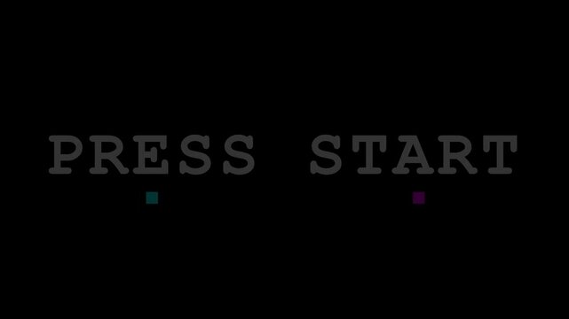 Retro 8-bit Arcade Game Press Start Screen with Glitch Effect and Flickering Color Pixels Animation