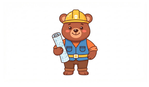 Cute Builder Bear with Helmet and Blueprint Flat Vector Illustration for Kids