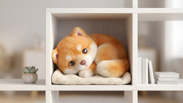 Adorable Sleeping Dog in Cozy Shelf &ndash; Cute Shiba Wallpaper