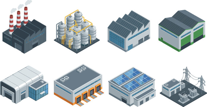 Isometric Industrial Buildings and Factory Vector Set Featuring Manufacturing Plant, Storage Tanks, Warehouses, Logistics Center, Solar Powered Facility, and Power Substation