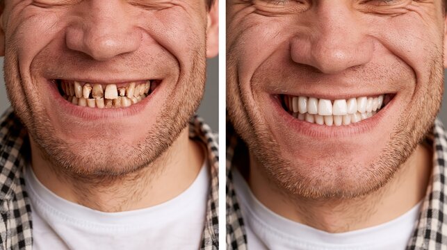 Split frame showing severely worn flat ground-down teeth versus full-height white dental crown restorations.