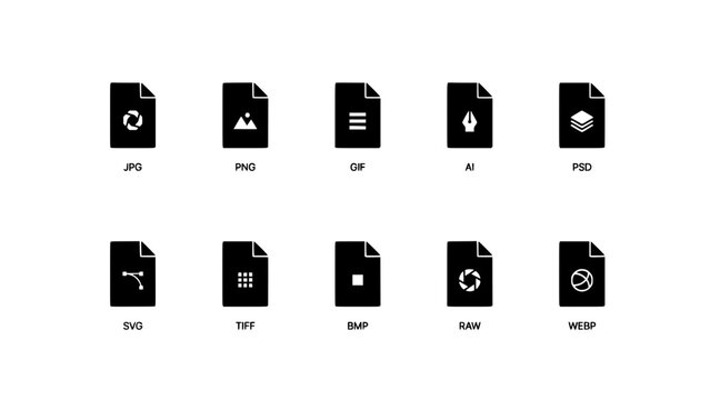 File Icons Representing Different Image File Formats Arranged in a Set Featuring Jpg, Png, Gif with Ai and Psd Elements for Svg, Tiff Projects, Clean