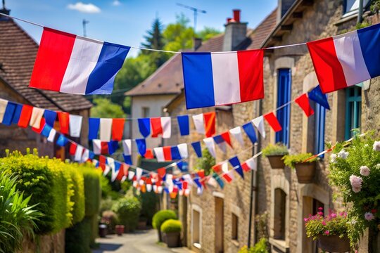 French flags for Bastille Day in a village