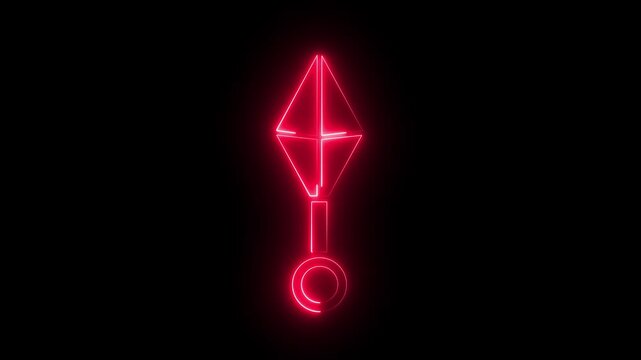 Glowing red neon kunai dagger animation on black background, japanese ninja symbol