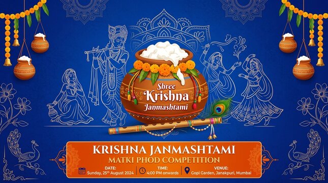 Krishna Janmashtami Matki Phod Competition Vector Poster Banner, Lord Krishna with Flute, Dahi Handi Celebration Invitation with Makhan Pot, Peacock, and Traditional Garlands on Blue Background