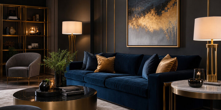 Dark Moody Modern Living Room with Charcoal Walls and Gold Velvet Accents