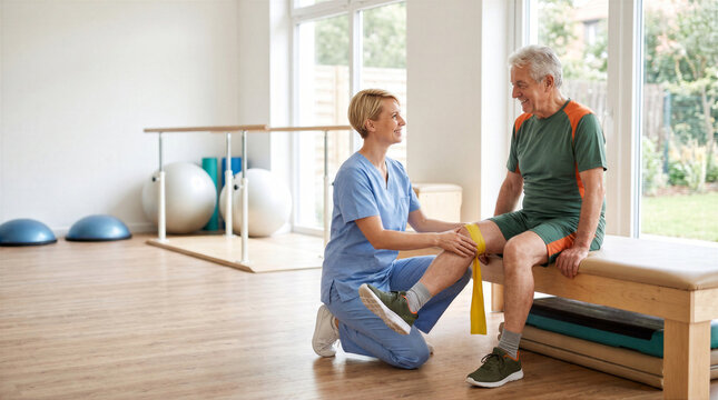 Physiotherapist applying resistance band during senior knee rehabilitation. Strengthening exercise for joint recovery and mobility