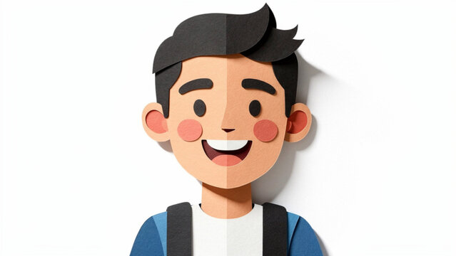 Cheerful young boy with brown hair wearing backpack and smiling in studio shot with clean white background