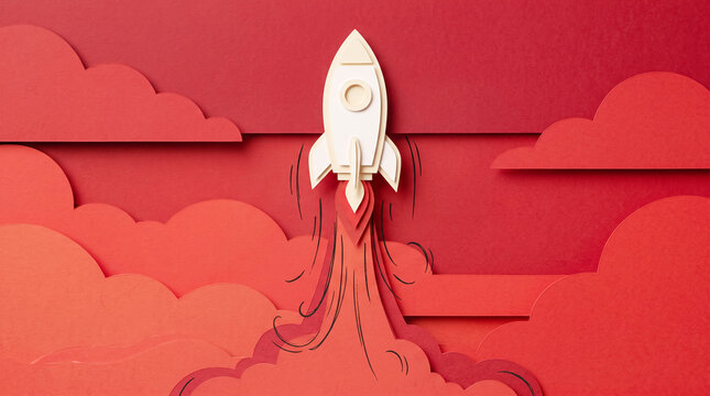Paper rocket launching into the sky with clouds and smoke effect
