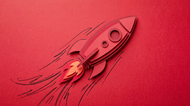 Red paper rocket launching with fiery exhaust against a vibrant red background
