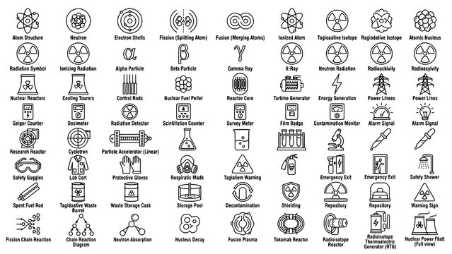 Detailed nuclear physics and energy generation icon set with descriptive labels