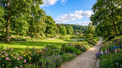 Obraz premium Beautiful formal garden with blooming flowers and manicured lawns on a sunny day