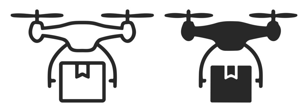 Black and white icons of drones carrying packages representing delivery and logistics technology on transparent background