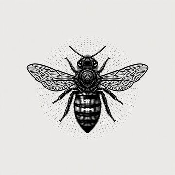 Vintage engraved style illustration of detailed honey bee facing front on light neutral background with dotted halftone effect for logo or tattoo design