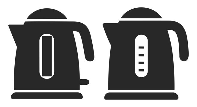 Black silhouette electric kettles isolated on white background with water level indicators on transparent background