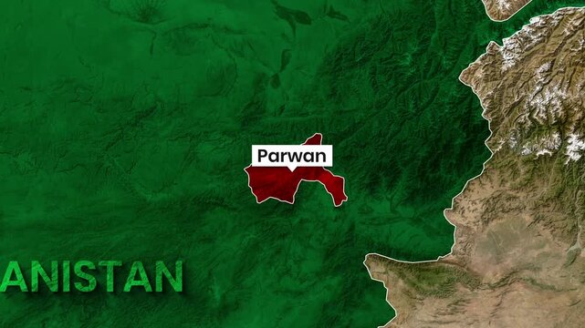 Animated map highlighting Parwan province within Afghanistan motion clip