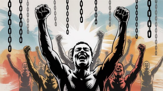 Illustration of a group of diverse people with raised fists, celebrating freedom and breaking from oppression, with broken chains in the background