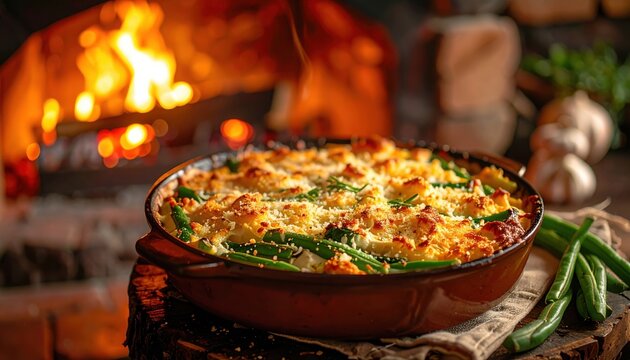 Homemade casserole baked with vegetables and melted cheese near fireplace creating cozy rustic atmosphere ideal for autumn evenings or traditional family gatherings