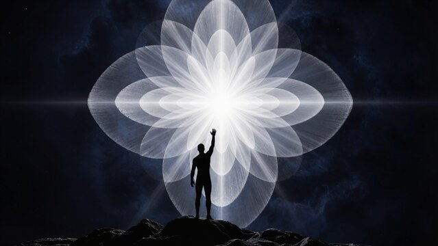 Human figure standing before white light portal in futuristic interface scene