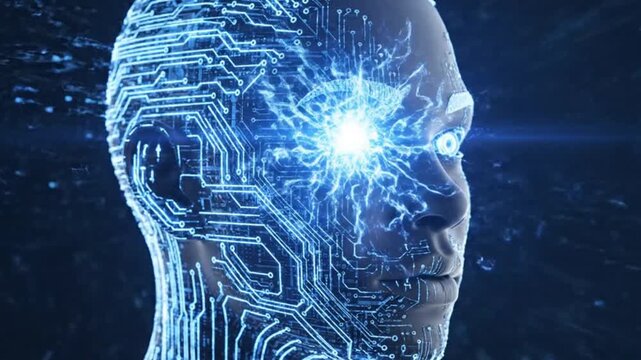 Artificial intelligence concept with a digital human head profile showing glowing circuit board patterns and neural network connections representing advanced machine learning and technology
