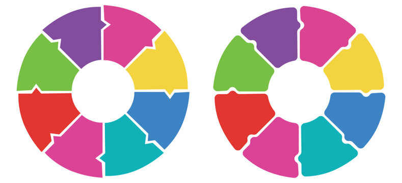 Circular puzzle piece infographics diagram with 8 steps options or parts for business workflow layout or presentation.