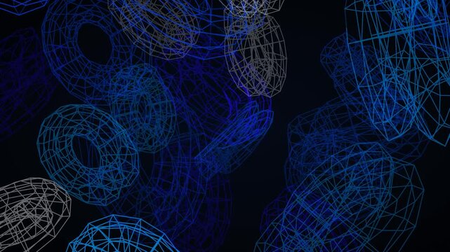 Abstract wireframe torus shapes, a futuristic digital art background, 3D rendered geometric forms, modern technology animation, and dynamic blue and white grid patterns for creative projects.