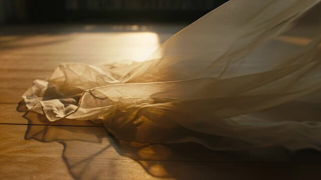 Drifting sheer gown train spreading across wooden floor in warm room as sunlight passing
