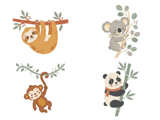 Fototapeta premium Children's cartoon animals illustrations set climbing branches