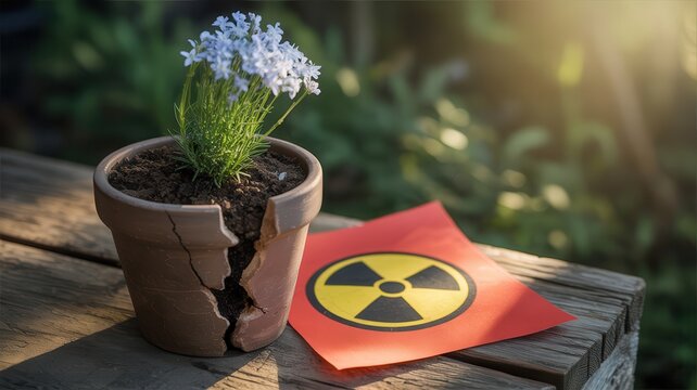 Conceptual image of a broken clay flower pot and a radiation warning sign