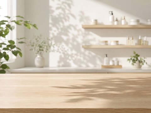 Minimalist Wooden Table with Plants and Shelves Bright minimalist interior with an empty wooden tabletop, floating shelves, plants, skincare bottles, and soft natural shadows for product display.