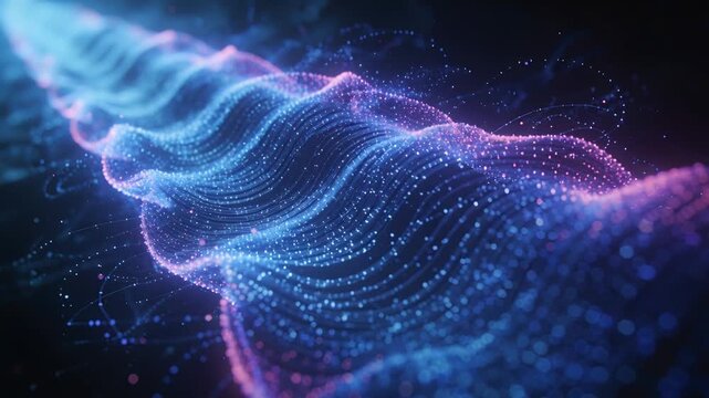 Undulating particle ribbon pulsing in space void, camera advancing revealing cyan-magenta glow