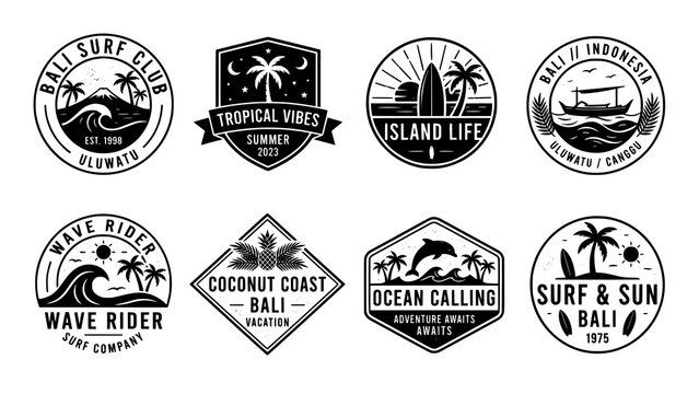 Set of surf and tropical island life logo emblems with beach elements, tropical