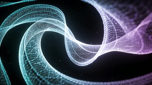 Starting slow pan zoom, mesh ribbon twisting, revealing shape in black void with glowing particles