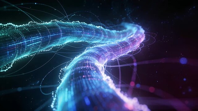 Emerging twin braided light ribbons twisting and moving through dark void, shedding points and arcs