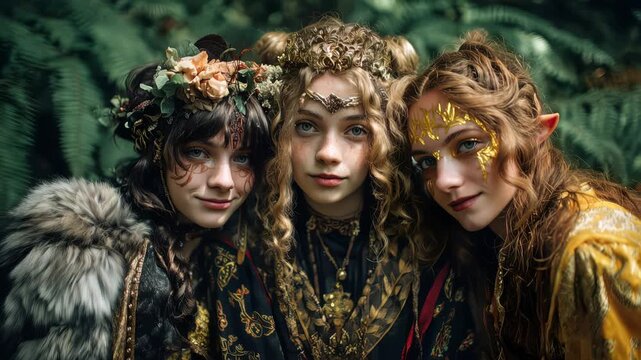 Three young women with elaborate costumes and accessories pose together in a lush green forest, showcasing intricate details of their outfits and natural surroundings