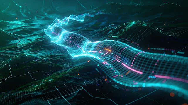 Gliding glowing wireframe ribbon moving from rear to front across grid plane, camera tracking data