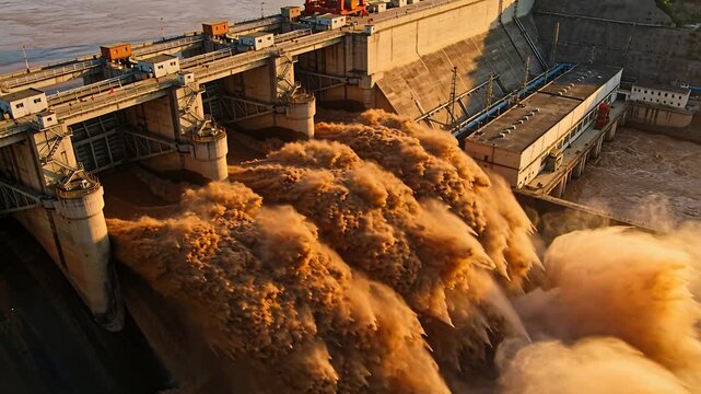 Opening spillway gates, dam crest releasing silty water down face, passing excess flow downstream