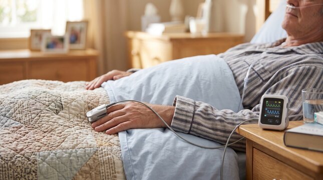 Elderly man in hospital bed with pulse oximeter and nasal cannula receiving medical care