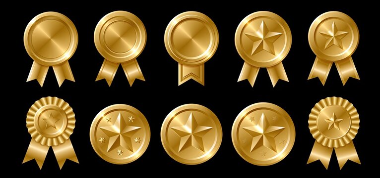 Vibrant gold medals, ribbons, stars, and badges arranged as achievement icons for awards and promotions.