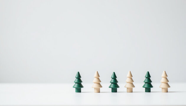 Row of small minimal wooden Christmas tree models in green and natural colors on white background