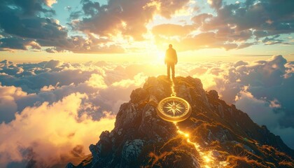 Obraz premium Man silhouette standing on high mountain peak above clouds looking at golden sunset with large gold compass glowing on ground