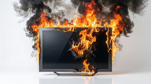 A burning flat screen television with intense flames and thick black smoke on a white background