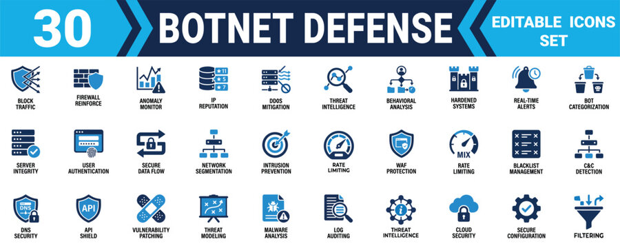 Set of thirty botnet defense icons for network security and cyber threat protection in a flat design style Minimal solid fill icon set bundle collection. Editable Vector Illustration Mega pack