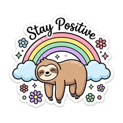 Obraz premium Cute Sloth Stay Positive Sticker Hanging on Rainbow with Inspirational Quote