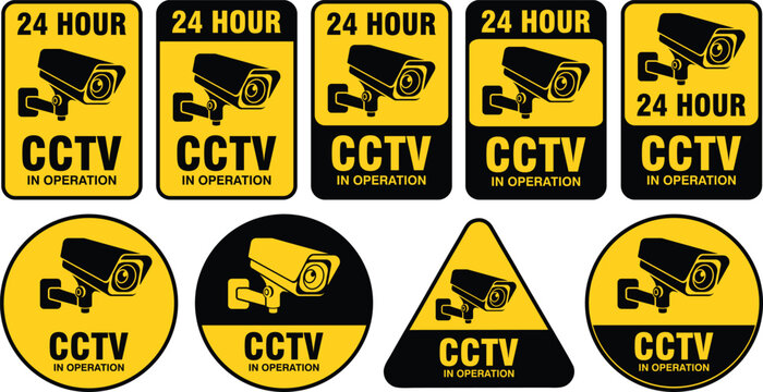 CCTV warning sign collection. Yellow and black security camera alert badges for video surveillance and 24 hour property protection. Vector illustration.